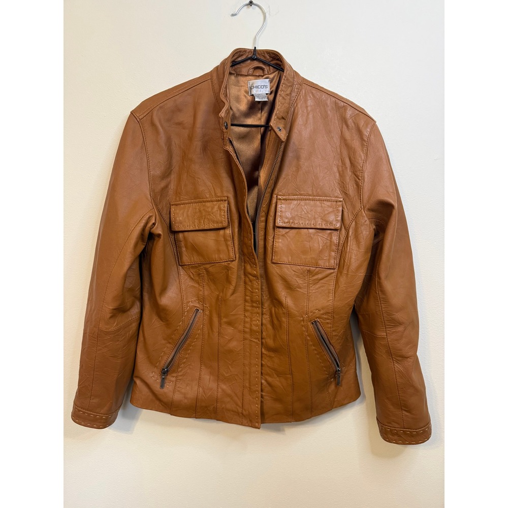 Chicos Women's Size 1 Brown Genuine Leather Jacket Stitch Detail Zip Mock Neck